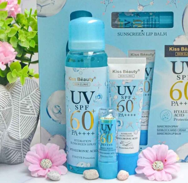 Spray Protector Solar UV SPF 60+ PA+ de Kiss Beauty Skin Clinic, que ofrece protección UVA/UVB.